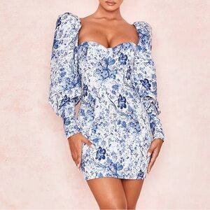 House of CB Lucrezia Puff Sleeve Mini Dress in Blue Floral